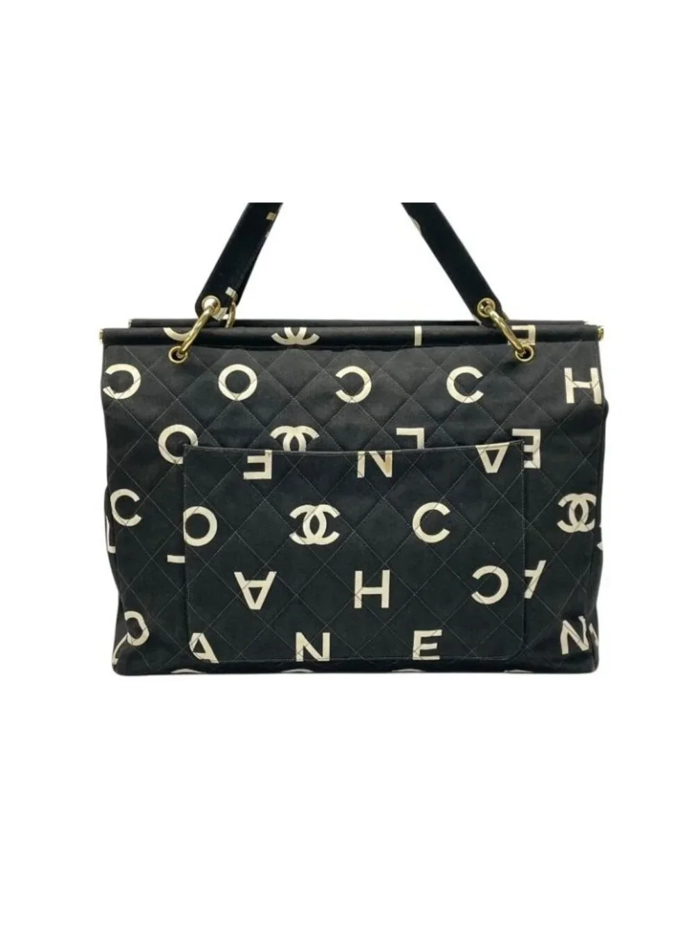 Chanel By Sea Line Tote Bag CC Logo Icon Cotton Canvas Black Gold